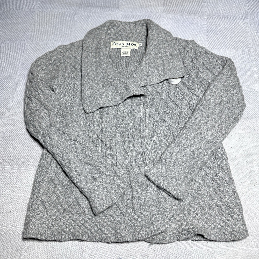 Aran Mor Ireland Merino Wool Cardigan Womens Small Chunky Cable Knit‎ Fishermans